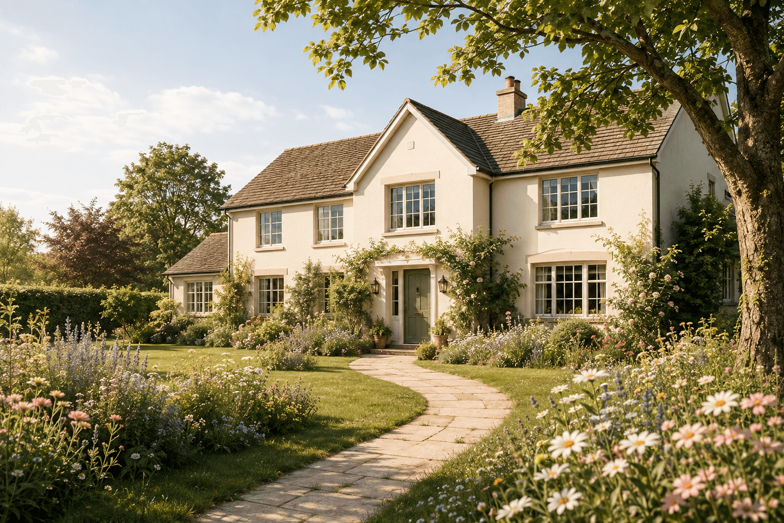 Illustrative view of a welcoming English family home with a curved path and flower garden