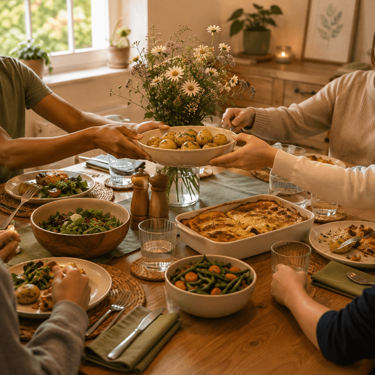 A shared home-cooked meal being passed around a family dining table