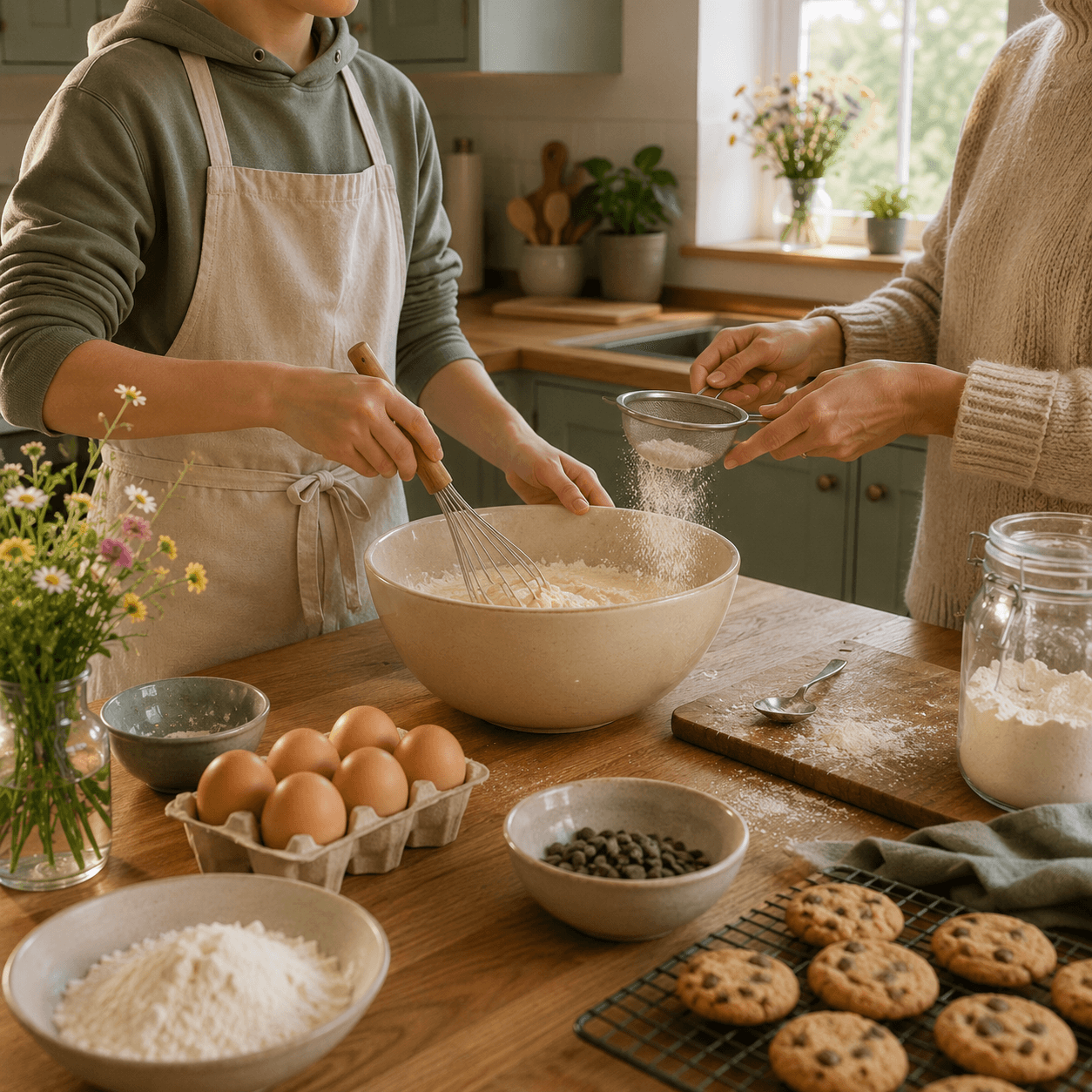 Two people baking together in a warm family kitchen