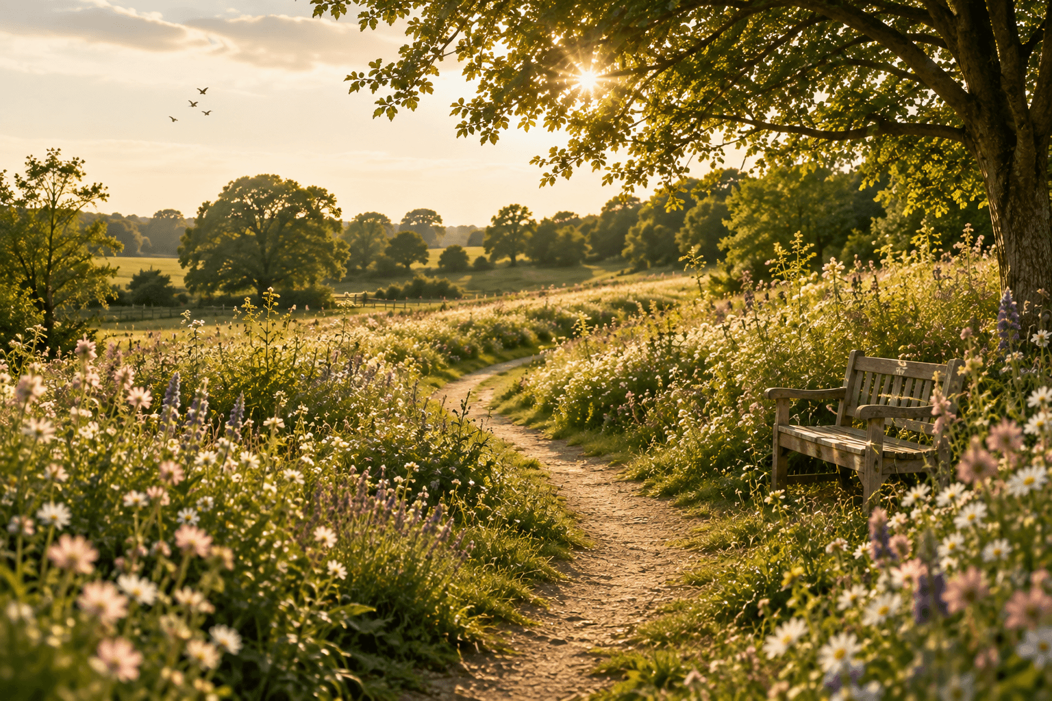 Sunlit wildflower meadow with a winding path and wooden bench.